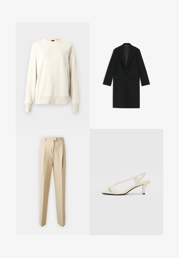 Manteau long noir en tissu lisse avec une coupe ajustée, revers crantés, deux poches avant et une fermeture à un bouton.; Sweatshirt de couleur crème avec un col rond, des poignets et un ourlet côtelés, fabriqué en tissu doux, avec un logo discret sur la poitrine.; Pantalons beiges ajustés avec une coupe droite, dotés de plis, d'une ceinture et d'une texture lisse. Pas de poches visibles ni d'ornements.; Sandales beiges à talons carrés avec des fines brides et un bout carré. Matière lisse avec des détails minimaux, conçues pour un port facile.