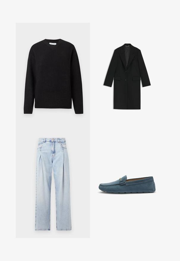 Schwarzer langer Mantel aus glattem Stoff mit taillierter Passform, mit Revers, zwei vorderen Taschen und einem einzigen Knopfverschluss.; Schwarzer V-Ausschnitt-Pullover aus einer weichen Wollmischung, mit langen Ärmeln sowie gerippten Bündchen und Saum. Einfaches, klassisches Design ohne Muster oder Akzente.; Helle blaue Denim-Jeans mit hoher Taille, weitem Beinschnitt, zwei seitlichen Taschen und gefaltetem Design. Weiche Textur mit einem ausgebleichten Finish.; Blaue Wildleder-Slipper mit flacher Sohle, die an den Kanten mit einer gestickten Gestaltung versehen sind und einen dekorativen Metallelement an der Vorderseite besitzen.