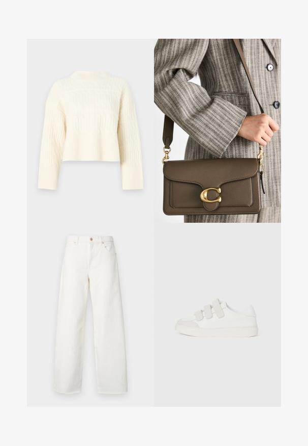 Schwarzer langer Mantel aus glattem Stoff mit taillierter Passform, mit Revers, zwei vorderen Taschen und einem einzigen Knopfverschluss.; Cremfarbener, verkürzter Pullover mit strukturiertem Muster, mit geripptem Saum und langen Ärmeln. Hergestellt aus weichem Strickmaterial.; Weiße, weite Jeans aus Denim. Mit Knopfleiste, Fronttaschen und einer klaren Verarbeitung ohne sichtbare Abnutzungserscheinungen oder Muster.; Weißer Sneaker mit einem glatten Lederoberteil, drei Klettverschlüssen auf dem Spann, runder Zehenpartie und einer klobigen, hellen Gummisohle.; COACH TABBY SHOULDER BAG 26 - Handtasche - dark stone