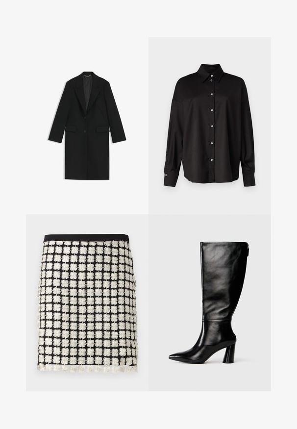 Zwarte lange jas van gladde stof met een getailleerde pasvorm, notch-lapels, twee voorkleppen en een enkele knoopsluiting.; DRYKORN LYSILA - Overhemdblouse - black; Zwarte rok met een gestructureerd ontwerp dat witte geborduurde bloemenpatronen bevat. Accenten zijn franjes langs de zoom en een snug waistband.; Zwart leren laars tot de knie met een puntige neus, gladde textuur en een chunky hak. Bevat een ritsdetail aan de achterkant.