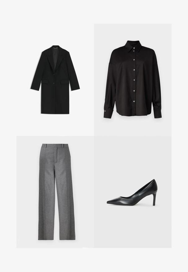 Black long coat made of smooth fabric with a tailored fit, notched lapels, two front pockets, and a single button closure.; DRYKORN LYSILA - Button-down blouse - black; Gray, tailored trousers with a straight-leg cut, made from textured fabric. Features a flat front, belt loops, and side pockets.; Black leather pointed-toe pump with a slim heel, smooth texture, and no visible embellishments. Clean design with a minimalist aesthetic.