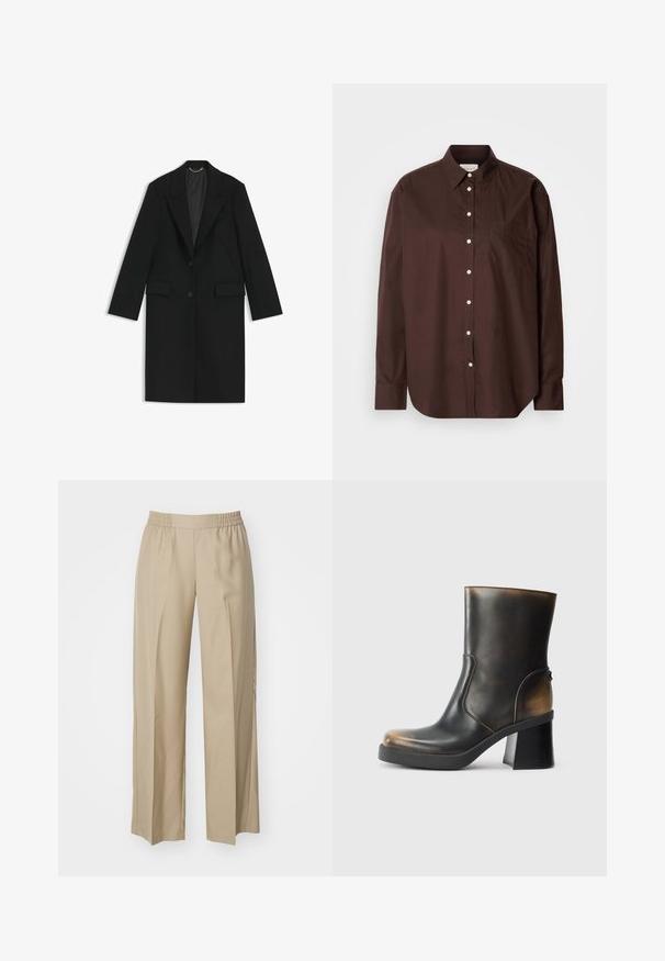 Black long coat made of smooth fabric with a tailored fit, notched lapels, two front pockets, and a single button closure.; Brown button-up shirt in cotton fabric, featuring long sleeves, a chest pocket, white buttons, and a classic collar design.; Beige wide-leg trousers made of soft fabric; features an elastic waistband with gathered detail; minimalistic design without pockets.; Black leather ankle boot with a glossy finish, rounded toe, contrasting tan accents, a block heel, and a side zipper detail.