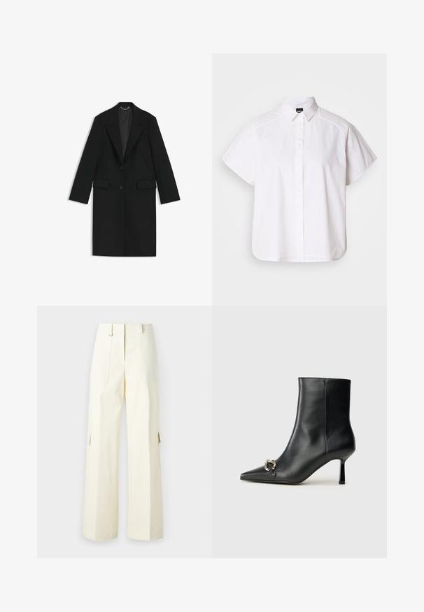 Black long coat made of smooth fabric with a tailored fit, notched lapels, two front pockets, and a single button closure.; White short-sleeve button-up shirt with a pointed collar and curved hem. Made from cotton with a smooth texture and no visible patterns.; Wide-leg cargo pants in light cream fabric, featuring patch pockets, a high waist, and side slits for added detail and functionality.; Black leather ankle boot with pointed toe, slim mid-height heel, and silver buckle detail on side against plain background.