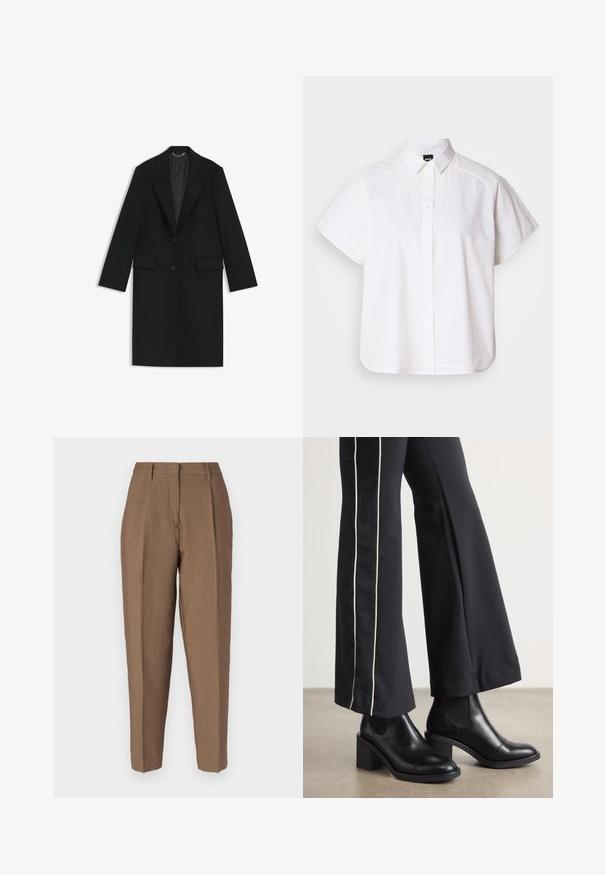 Abrigo largo negro de tejido suave con un corte a medida, solapas con muesca, dos bolsillos frontales y cierre de un solo botón.; Camisa blanca de manga corta con botones, cuello con puntas y dobladillo curvado. Fabricada en algodón con una textura suave y sin patrones visibles.; Pantalones tailored marrones con un tejido texturizado, que presentan una cintura alta, pliegues frontales y un diseño de pierna recta. Sin herrajes visibles ni bolsillos.; Botines de cuero negro con tacón cuadrado, con paneles laterales elásticos. Combinados con pantalones negros que tienen una franja blanca lateral.