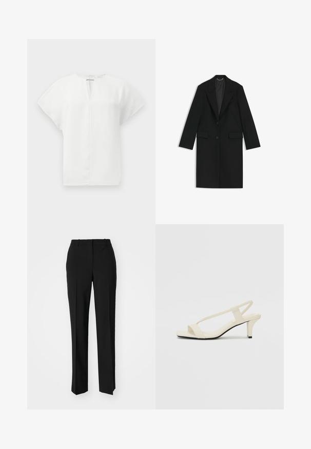 Sort lang frakk lavet af glat stof med en skræddersyet pasform, notch-lapel, to forlommer og en enkelt knaplukning.; Hvid kortærmet top med V-halsudskæring og lynlås bagpå. Glat stof med struktureret form og uden synlige mønstre eller udsmykninger.; Sorte skræddersyede bukser med lige ben-design, der har en glat tekstur og skarpe folder langs fronten. Ingen synlige hardware.; Beige blokhælede sandaler med tynde remme og en firkantet tå. Glat materiale med minimal detaljering, designet til nem brug.