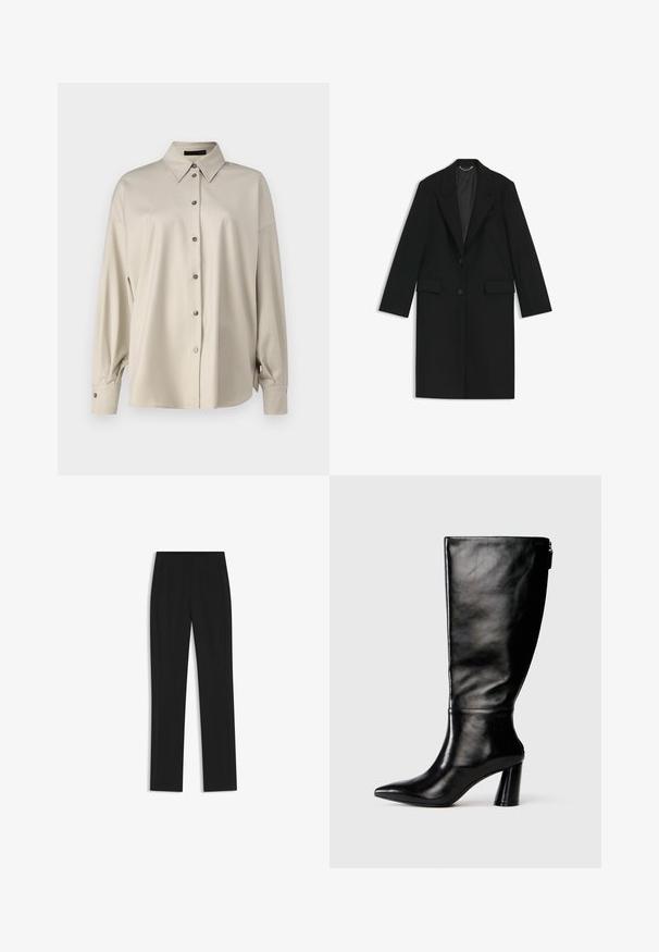 Black long coat made of smooth fabric with a tailored fit, notched lapels, two front pockets, and a single button closure.; DRYKORN LYSILA - Button-down blouse - brown; Black tailored trousers with a straight-leg design, featuring front pockets and a smooth, textured fabric. Neat, minimal detailing.; Knee-high black leather boot with a pointed toe, smooth texture, and a chunky heel. Features a zipper detail at the back.