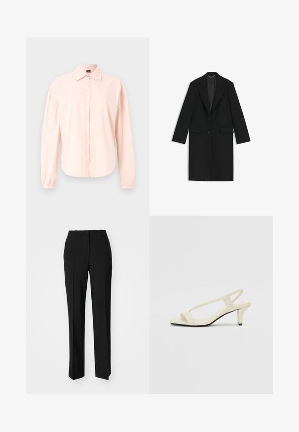 Schwarzer langer Mantel aus glattem Stoff mit taillierter Passform, mit Revers, zwei vorderen Taschen und einem einzigen Knopfverschluss.; Langarm-Hemd mit Knopfleiste aus leichtem Baumwollmaterial in zartem Rosa. Verfügt über einen klassischen Kragen, gefältete Schulterdetails und einen abgerundeten Saum. Weiche Textur.; Schwarze, taillierte Hose mit geradem Bein, aus einem glatten Stoff und mit klaren Falten an der Vorderseite. Keine sichtbare Hardware.; Beige Blockabsatzsandalen mit dünnen Riemen und quadrater Spitze. Glattes Material mit minimalem Design, entworfen für einfaches Tragen.