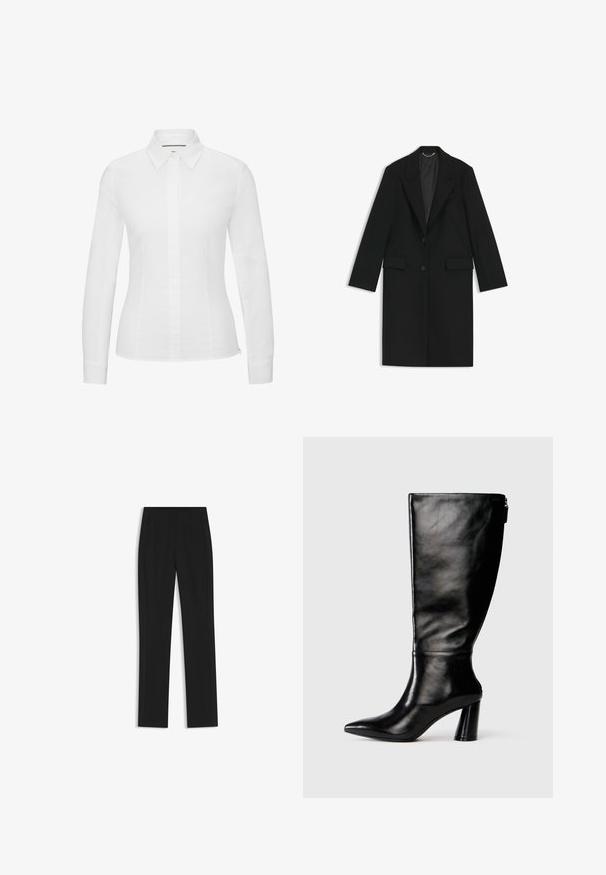 Schwarzer langer Mantel aus glattem Stoff mit taillierter Passform, mit Revers, zwei vorderen Taschen und einem einzigen Knopfverschluss.; Weißes Langarmhemd aus glattem Baumwollstoff, mit klassischem spitzem Kragen, Knopfverschluss vorne und taillierter Passform mit seitlichen Schlitzen.; Schwarze maßgeschneiderte Hose mit geradem Bein, ausgestattet mit Fronttaschen und einem glatten, strukturierten Stoff. Saubere, minimale Details.; Knöchelhohe schwarze Lederstiefel mit einer spitzen Zehe, glatter Oberfläche und einem klobigen Absatz. Verfügt über einen Reißverschluss hinten.