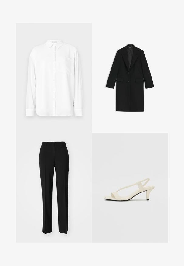 Schwarzer langer Mantel aus glattem Stoff mit taillierter Passform, mit Revers, zwei vorderen Taschen und einem einzigen Knopfverschluss.; Weißes Langarmhemd aus glattem Stoff, mit klassischem Kragen, Knopfleiste und einer Brusttasche auf der linken Seite.; Schwarze, taillierte Hose mit geradem Bein, aus einem glatten Stoff und mit klaren Falten an der Vorderseite. Keine sichtbare Hardware.; Beige Blockabsatzsandalen mit dünnen Riemen und quadrater Spitze. Glattes Material mit minimalem Design, entworfen für einfaches Tragen.