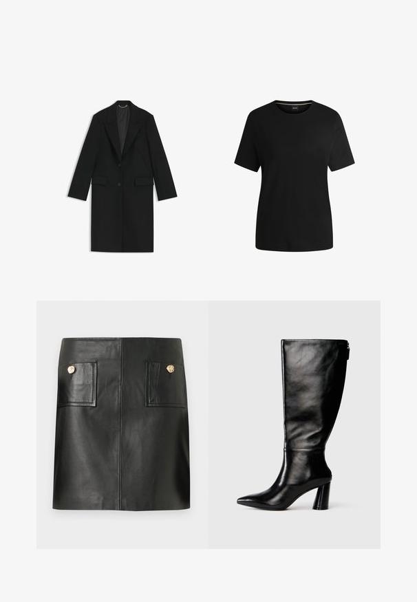 Manteau long noir en tissu lisse avec une coupe ajustée, revers crantés, deux poches avant et une fermeture à un bouton.; T-shirt noir à manches courtes en coton doux, avec un col rond et une texture lisse. Design simple sans motifs ni accents.; Mini-jupe en cuir noir avec poches plaquées à l'avant, chacune fermée par un seul bouton rond en or.; Botte en cuir noir à hauteur de genoux avec un bout pointu, une texture lisse et un talon épais. Elle présente un zip à l'arrière.