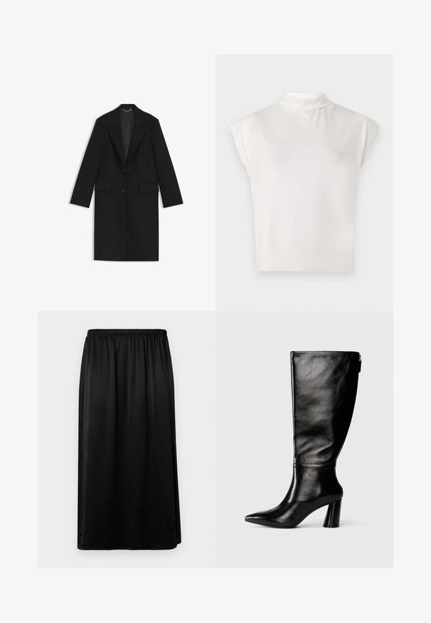 Black long coat made of smooth fabric with a tailored fit, notched lapels, two front pockets, and a single button closure.; White sleeveless turtleneck top made of soft fabric, featuring a structured design with a smooth texture and subtle ribbed hem detail.; Black midi skirt with an elastic waistband, smooth texture, and a straight cut. Features a side slit for added movement.; Knee-high black leather boot with a pointed toe, smooth texture, and a chunky heel. Features a zipper detail at the back.