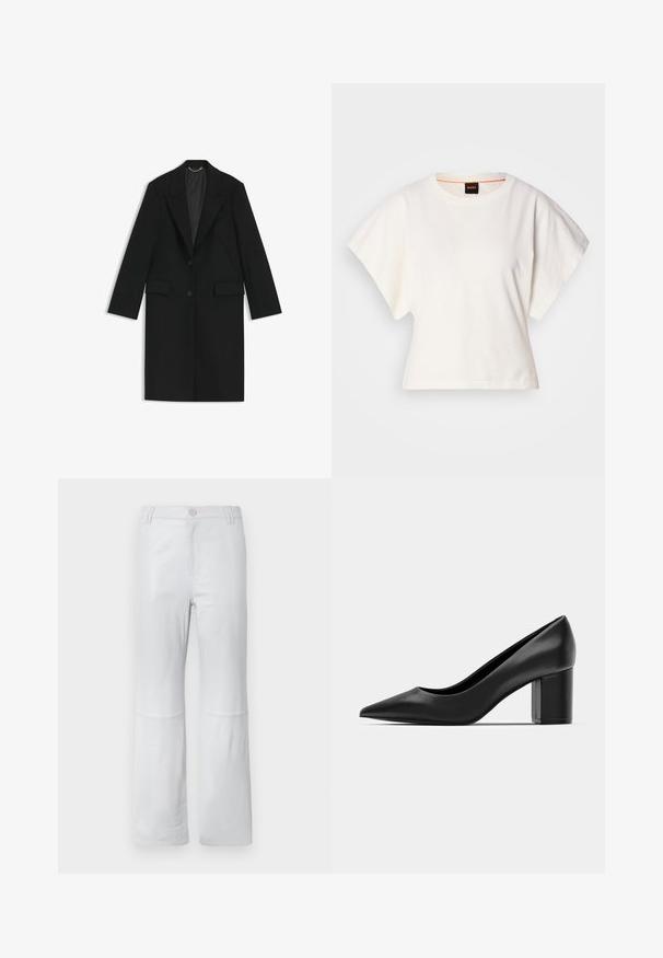 Black long coat made of smooth fabric with a tailored fit, notched lapels, two front pockets, and a single button closure.; White cropped T-shirt, short wide sleeves, soft cotton material, round neckline with subtle orange trim, minimal design, no patterns or graphics.; White, tapered pants made from smooth fabric; features a front pocket, stitched seams, and a button closure. No patterns or embellishments.; Black leather pump with a pointed toe and a chunky square heel. Smooth texture, simple design, suitable for formal settings.