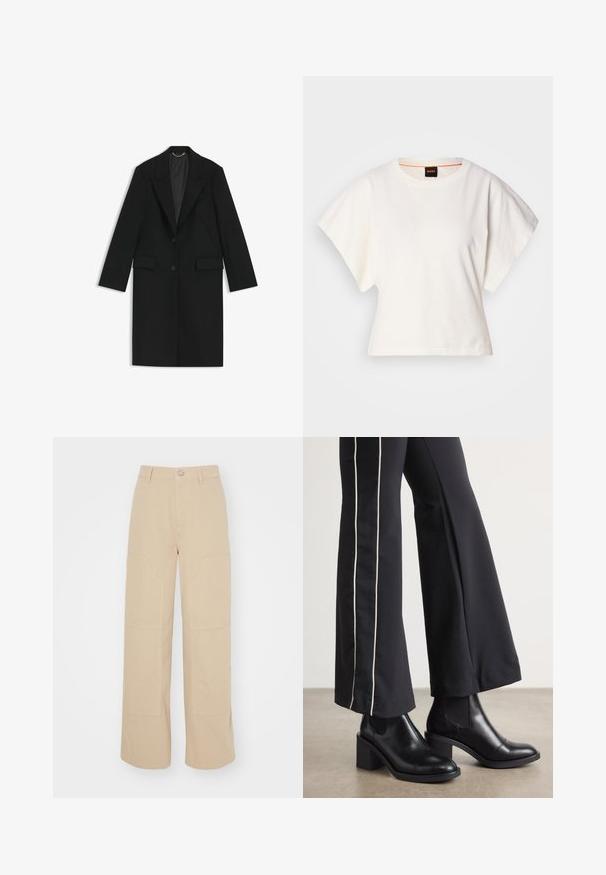 Black long coat made of smooth fabric with a tailored fit, notched lapels, two front pockets, and a single button closure.; White cropped T-shirt, short wide sleeves, soft cotton material, round neckline with subtle orange trim, minimal design, no patterns or graphics.; Beige wide-leg pants made from cotton. Features two large front pockets and a metal button closure at the waistband. Smooth texture.; Black leather ankle boots with a block heel, featuring elastic side panels. Paired with black pants that have a white side stripe.