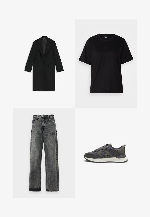 Black long coat made of smooth fabric with a tailored fit, notched lapels, two front pockets, and a single button closure.; Black cotton t-shirt with a crew neckline, short sleeves, and an embroidered logo on the chest. Simple, relaxed fit with no patterns.; Wide-leg black denim jeans with a faded wash, distressed detailing on the front, and standard five-pocket design.; Gray and black low-top sneaker with textured fabric, leather details, lace-up front, cushioned white sole, and pull tab at heel.