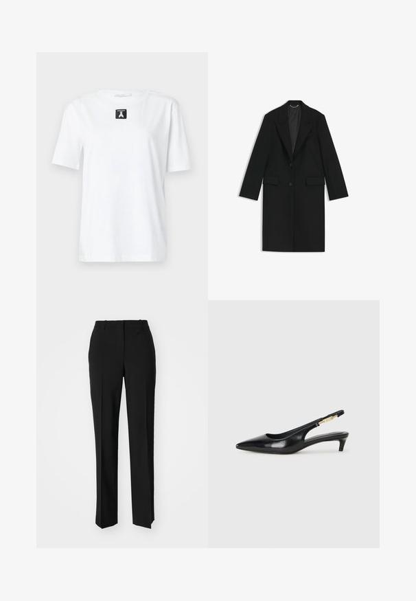 Sort lang frakk lavet af glat stof med en skræddersyet pasform, notch-lapel, to forlommer og en enkelt knaplukning.; Hvid bomulds T-shirt med korte ærmer, rund hals og et sort rektangulært mærke foran med et logo. Enkel og alsidig design.; Sorte skræddersyede bukser med lige ben-design, der har en glat tekstur og skarpe folder langs fronten. Ingen synlige hardware.; Sorte læder slingback hæle med spids tå, der har en slank hæl og en guldfarvet detalje på den justerbare rem. Glat tekstur.