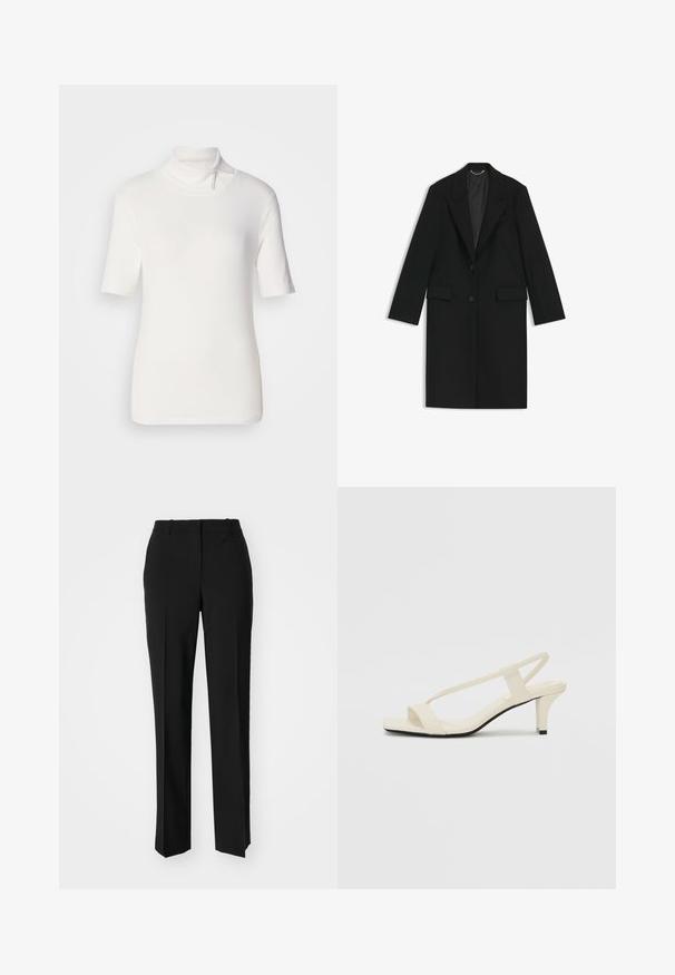 Black long coat made of smooth fabric with a tailored fit, notched lapels, two front pockets, and a single button closure.; White short-sleeve turtleneck top, made of stretchy fabric, featuring a high collar with a zipper detail on the neckline.; Black tailored trousers with a straight-leg design, featuring a smooth texture and crisp creases along the front. No visible hardware.; Beige block-heeled sandals with thin straps and a square toe. Smooth material with minimal detailing, designed for easy wear.