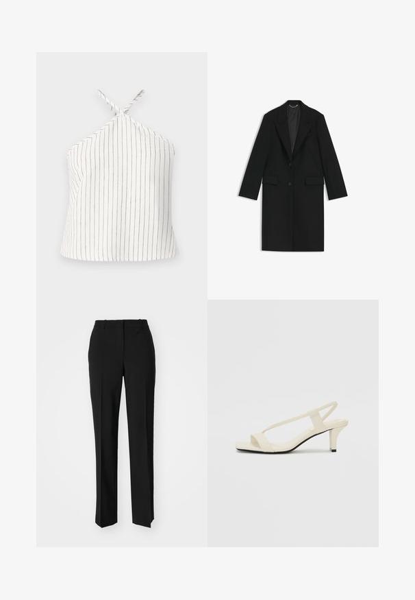 Cappotto lungo nero realizzato in tessuto liscio con una vestibilità sartoriale, rever a arricciatura, due tasche anteriori e chiusura con un bottone singolo.; Top halter bianco con sottili strisce verticali grigie. Caratterizzato da spalline incrociate e un design morbido. Senza hardware visibile.; Pantaloni neri su misura con un design a gamba dritta, caratterizzati da una texture liscia e pieghe ben definite sul davanti. Senza hardware visibile.; Sandali con tacco a blocco beige, con sottili cinturini e punta quadrata. Materiale liscio con dettagli minimi, progettati per un facile utilizzo.