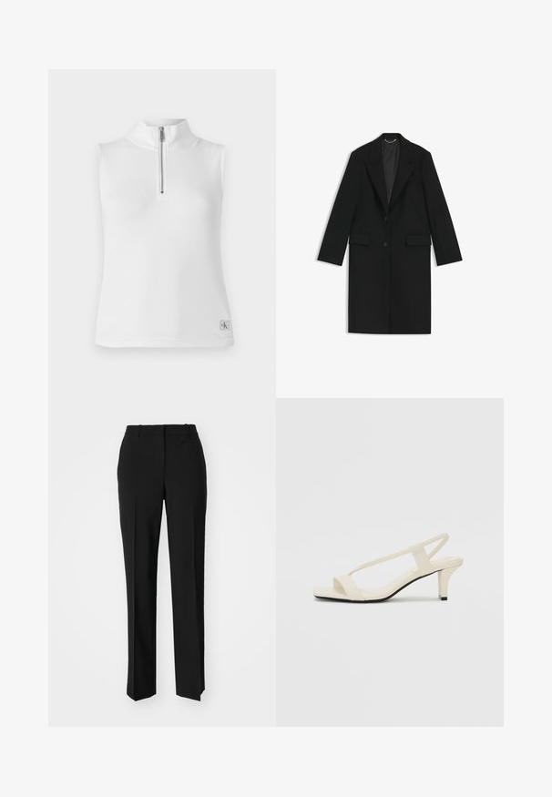Cappotto lungo nero realizzato in tessuto liscio con una vestibilità sartoriale, rever a arricciatura, due tasche anteriori e chiusura con un bottone singolo.; Top bianco senza maniche con colletto alto e una mezza zip. Presenta una texture a coste e un piccolo etichetta con logo sull'orlo.; Pantaloni neri su misura con un design a gamba dritta, caratterizzati da una texture liscia e pieghe ben definite sul davanti. Senza hardware visibile.; Sandali con tacco a blocco beige, con sottili cinturini e punta quadrata. Materiale liscio con dettagli minimi, progettati per un facile utilizzo.