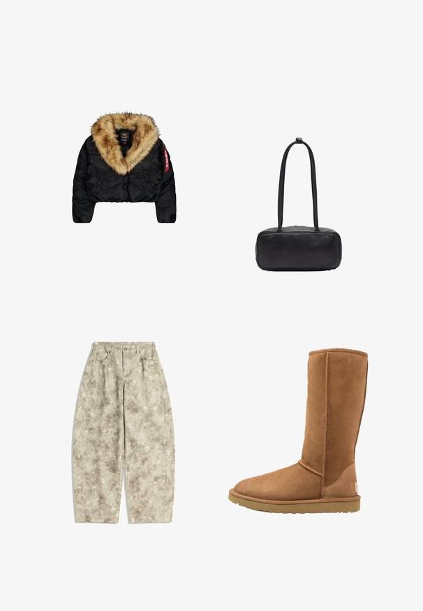 Cropped black jacket with a large tan faux fur collar, featuring front buttons, side pockets, and a red logo tag on the sleeve.; Black zip-up hoodie made of cotton blend, featuring a large hood, front pocket, and ribbed cuffs with a cropped design.; Plain white t-shirt made of cotton with a round neckline, short sleeves, and a relaxed fit. Smooth texture with no patterns or accents.; Light green wide-leg pants made of textured fabric, featuring a floral pattern in shades of beige and brown, with front pockets and button closure.; Tall tan suede boot with a rounded toe and subtle stitching details. Rubber sole provides traction, designed for comfort and warmth.; Black leather bag with a rectangular shape, featuring two long handles, a zip closure, and subtle branding on the front.