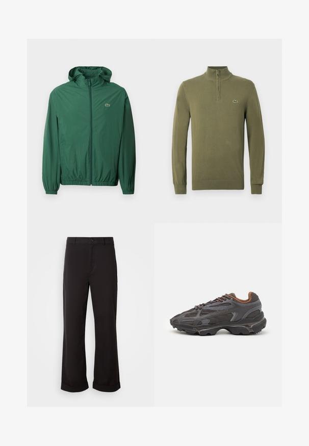 Veste légère verte avec capuche, fermeture éclair, poignets élastiques et taille élastique. Dotée d'un petit logo sur la poitrine.; Pull en laine vert olive à manches longues avec un col zippé quart et un petit logo crocodile sur la poitrine gauche.; Pantalon noir à coupe droite, fabriqué en tissu léger. Doté d'une fermeture à bouton classique et de poignets roulés au bas.; Baskets Lacoste en gris foncé, en matériau mesh et synthétique, avec une semelle texturée et des accents marron sur le col et le branding.