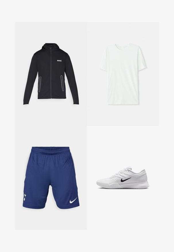 Zwarte capuchonjack gemaakt van zacht materiaal, met ritszakken en een witte "BOSS"-logo op de borst. Soepele textuur en aangesloten ontwerp.; Licht mintgroen T-shirt met korte mouwen, gemaakt van zachte stof. Het heeft een ronde halslijn en een simpele, rechte snit zonder versieringen.; Nike sportshorts in donkerblauw, met een elastische taille, witte accenten aan de zijkant en een clublogo op het linkerbeen.; Witte sportieve schoen met textuur in het mesh bovenwerk, zwarte Nike swoosh, gevoerde kraag en rubberen zool met een profielpatroon.