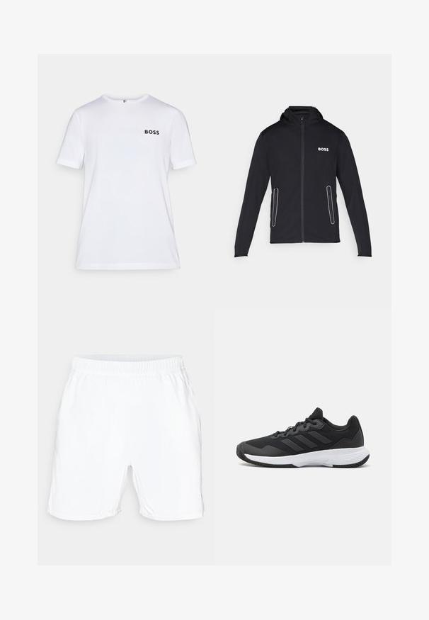Svart huva jacka i mjukt tyg med dragkedjefickor och vitt "BOSS"-logotyp på bröstet. Slät textur och figursydd design.; Vit bomullströja med korta ärmar och rund hals, som har en svart "BOSS" logotyp på vänster bröst och kontrasterande tygdetaljer.; Vita atletiska shorts med elastisk midja, slät textur och kort längd. Inga synliga mönster eller ytterligare detaljer.; Svart idrottssko med en texturerad ovandel, tre horisontella ränder och en vit sula med ett mönstrat grepp. Lätt och strömlinjeformad design.