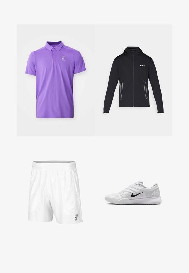 Musta huppu-takki, joka on valmistettu pehmeästä kankaasta ja jossa on vetoketjulliset taskut sekä valkoinen "BOSS" -logo rinnassa. Sileä pinta ja istuva muotoilu.; Lyhyt hihais purple-paita, jossa on kaulus ja kaksinappinen napitus, varustettuna valkoisella Nike-tennislokilla vasemmassa rinnassa.; Valkoiset urheilushortsit, jotka on valmistettu kevyestä kankaasta, joustovyötäröllä. Siinä on kaksi sivutaskua ja pieni musta logo helman kohdalla.; Valkoinen urheiluvaate, jossa on teksturoidusta verkkomateriaalista valmistettu yläosa, musta Nike-logomerkintä, pehmustettu nilkkakappale ja kumipohja, jossa on urasyntymä.