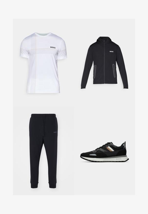 Czarna bluza z kapturem, wykonana z miękkiego materiału, z zamykanymi na zamek kieszeniami i białym logo "BOSS" na piersi. Gładka faktura i dopasowany krój.; Biała koszulka sportowa z krótkim rękawem, z czarnym logo "BOSS" oraz cienkimi pomarańczowymi i szarymi liniami na przodzie. Gładka tekstura.; Czarne dresy wykonane z miękkiego materiału, z elastycznym pasem, sznurkiem ściągającym i zwężanymi nogawkami. Posiadają małe logo z boku.; Czarny but do biegania z teksturowaną powierzchnią, jasnoszarymi akcentami i trzema poziomymi paskami w kolorze brązowym. Posiada białą, amortyzującą podeszwę.