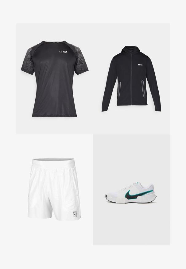 Schwarze Kapuzenjacke aus weichem Stoff, mit Reißverschlusstaschen und weißem "BOSS"-Logo auf der Brust. Glatte Textur und taillierte Passform.; Endless FEISTY HEXAGON - T-Shirt print - black; Weiße Sportshorts aus leichtem Gewebe mit einem elastischen Bund, ausgestattet mit zwei Seitentaschen und einem kleinen schwarzen Logo am Saum.; Weißer Sportschuh mit strukturiertem Mesh-Obermaterial, schwarzer Gummisohle und türkisfarbenem Nike-Swoosh-Akzent. Verfügt über Schnürsenkel und gepolsterten Kragen.