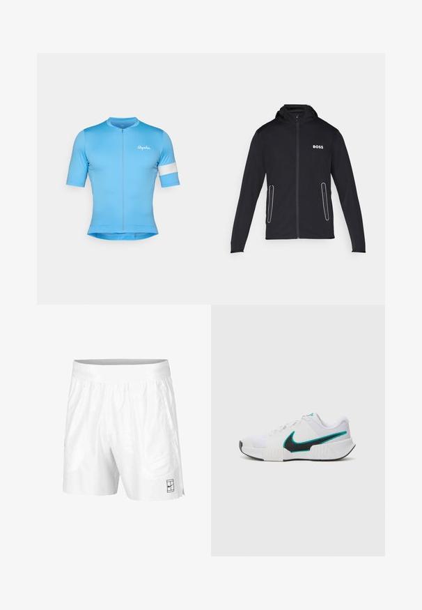 Zwarte capuchonjack gemaakt van zacht materiaal, met ritszakken en een witte "BOSS"-logo op de borst. Soepele textuur en aangesloten ontwerp.; Blauw kortarm fietsshirt met een rits aan de voorkant, gemaakt van gladde, rekbare stof. Heeft een witte accentband op de mouw en het "Rapha" logo.; Witte sportshorts gemaakt van lichtgewicht stof met een elastische tailleband, voorzien van twee zijzakken en een klein zwart logo op de zoom.; Witte sportieve schoen met een textuur mesh bovenwerk, zwarte rubberen zool en teal Nike swooshaccent. Voorzien van veters en een gewatteerde kraag.