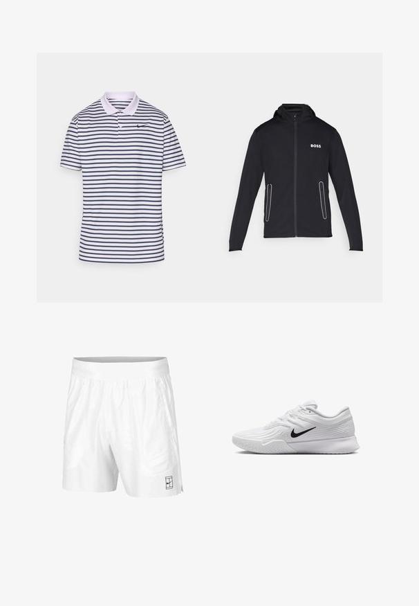 Giacca nera con cappuccio realizzata in tessuto morbido, con tasche con zip e logo bianco "BOSS" sul petto. Texture liscia e design aderente.; Polo a righe bianco e navy, realizzato in misto cotone. Presenta un colletto, due bottoni e un piccolo logo Nike nero sul petto.; Pantaloni sportivi bianchi realizzati in tessuto leggero con vita elastica, dotati di due tasche laterali e un piccolo logo nero sull'orlo.; Scarpa da ginnastica bianca con tomaia in mesh testurizzato, logo Nike nero, collo imbottito e suola in gomma con un motivo di battistrada.