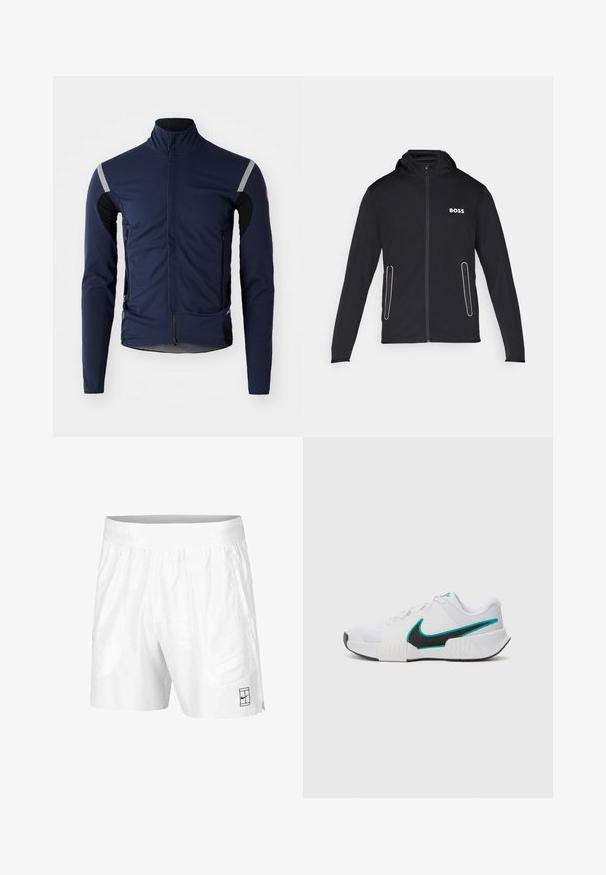 Svart huva jacka i mjukt tyg med dragkedjefickor och vitt "BOSS"-logotyp på bröstet. Slät textur och figursydd design.; Herrarnas cykeljacka i marinblått med långa ärmar, hög krage, dragkedja fram och reflexdetaljer på axlar och ärmar. Mjuk, texturerad tyg.; Vita idrottsshorts tillverkade av lätt tyg med resårmidja, med två sidofickor och en liten svart logotyp på fållen.; Vit idrottssko med texturerat mesh-övre, svart gummisula och turkosa Nike-logga som accent. Har snören och vadderad krage.