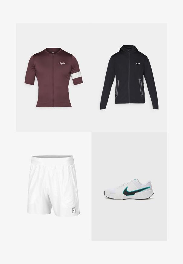 Musta huppu-takki, joka on valmistettu pehmeästä kankaasta ja jossa on vetoketjulliset taskut sekä valkoinen "BOSS" -logo rinnassa. Sileä pinta ja istuva muotoilu.; Burgundy-punainen pyöräilypaita, joka on valmistettu hengittävästä kankaasta. Paidassa on lyhyt vetoketju, lyhyet hihat ja valkoinen raidoitus hihaosassa.; Valkoiset urheilushortsit, jotka on valmistettu kevyestä kankaasta, joustovyötäröllä. Siinä on kaksi sivutaskua ja pieni musta logo helman kohdalla.; Valkoinen urheilukenkä, jossa on teksturoidusta verkkokankaasta valmistettu päällinen, musta kumipohja ja teal-värinen Nike-swoosh-korostus. Varustettu nauhoilla ja pehmustetulla nilkkapannalla.