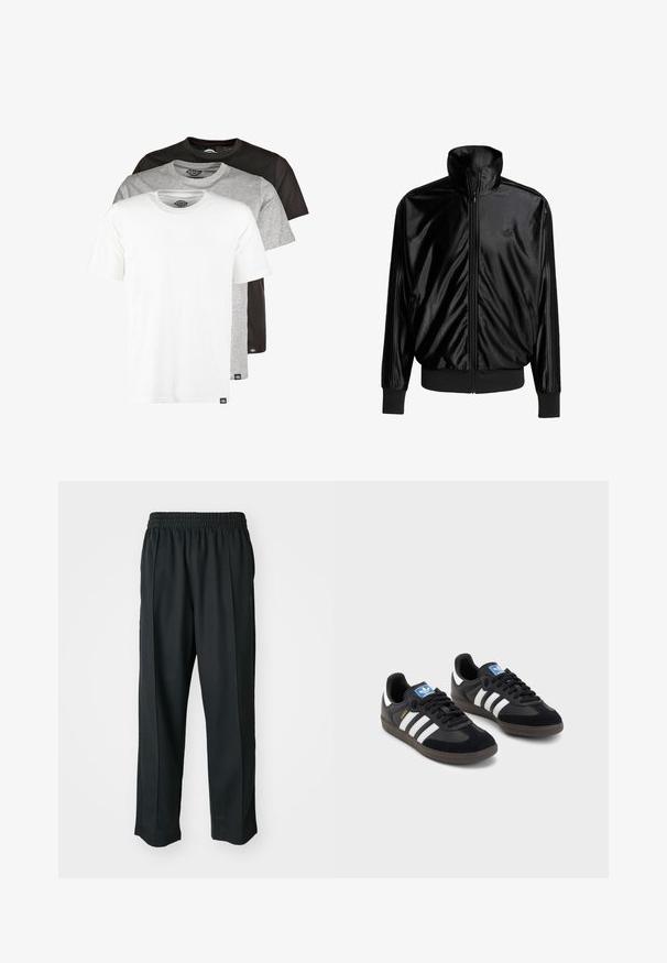 Svart satin zip-up jacka med hög krage, ribbade muddärmar och tre vertikala ränder på varje ärm. Diskret logotyp på bröstet.; Dickies 3 PACK - T-shirt - bas - schwarz/grau/weiß; Svarta träningstights med elastisk midja, tillverkade av mjukt tyg, med subtila sidstygn och en avslappnad passform, rak bensdesign.; Svarta sneakers med övre del av mocka och syntetmaterial, med tre vita ränder, texturerad gummisula och blå logotags på tungan.