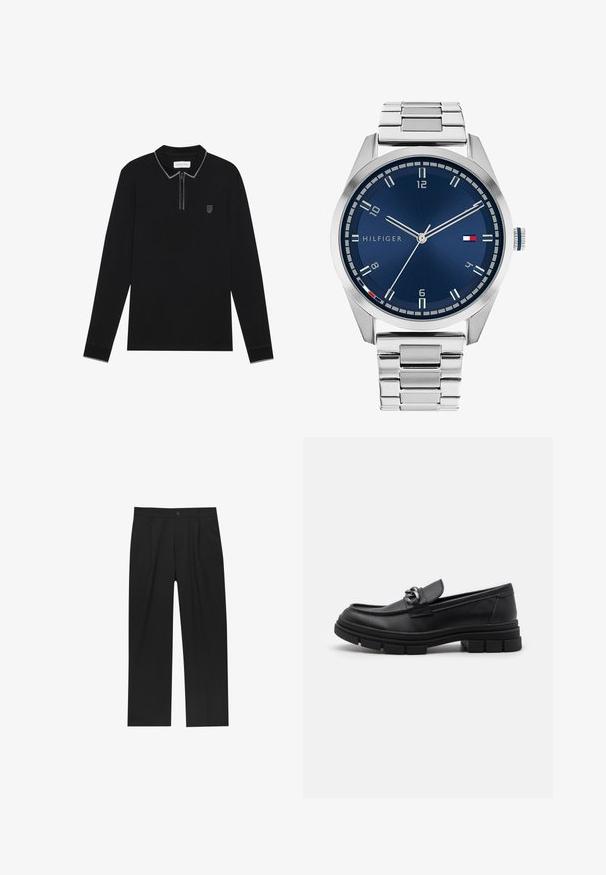 Kamelobarvani volnen plašč z izrezanim ovratnikom, sprednjim zapiranjem na gumb in dvema stranskima žepoma. Ima gladko, mehko teksturo.; Črna polo majica z dolgimi rokavi in zadrgo pri ovratniku, kontrastni sivi poudarki in majhen izvezen emblem na prsih. Mehka tkanina.; Črne hlače z ravnim krojem, narejene iz gladkega materiala. Imajo sprednje gube in enojno zaponko na pasu.; Črni usnjeni loaferji z zaobljenim nosom, dekorativnim trakom in dodatki ter debelim teksturiranim podplatom. Gladek zaključek s subtilnimi detajli.; Srebrna kovinska ura z brušenim modrim številcem, belimi številčnicami in prikazom datuma. Ima povezano kovinsko zapestnico in logotip blagovne znamke.
