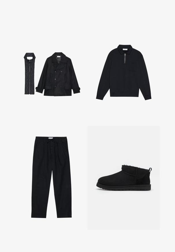 Svart ull peacoat med dubbelknäppta knappar och stor krage, kombinerad med en ärmlös svart vadderad väst med dragkedja.; Pier One Sweatshirt - black; Pier One Chinos - black; Svarta mocka ankelstövlar med en mjuk, texturerad foder, låg gummisula och en dragflik på baksidan för enkel påtagning.