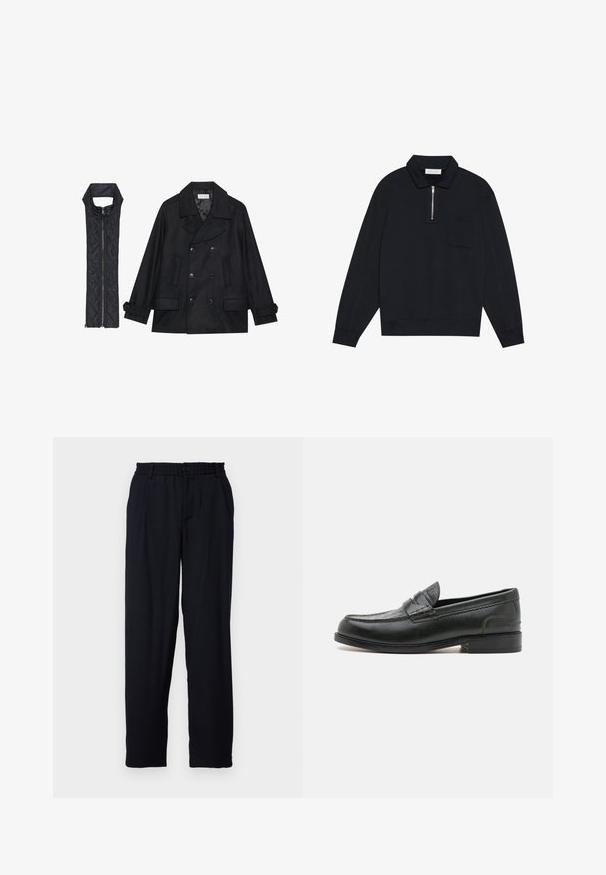 Zwarte wollen peacoat met dubbele knopen en grote kraag, gecombineerd met een mouwloze zwarte gewatteerde vest met ritssluiting.; Pier One Sweater - black; Libertine-Libertine ALIVE - Broek - dark navy; Zwarte leren loafer met een ronde neus, decoratieve stiksels en een getextureerd accentpaneel. Lage gestapelde hak, strakke uitstraling en een gladde afwerking.