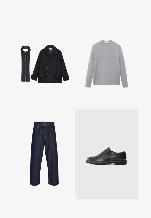 Czarna wełniana peacoat z podwójnymi guzikami i dużym kołnierzem, zestawiona z bezrękawnym czarnym pikowanym kamizelką z zamkiem błyskawicznym.; Szara bluzka z długim rękawem, wykonana z miękkiego, gładkiego materiału. Posiada okrągły dekolt, minimalistyczny design oraz prosty dół bez dodatkowych zdobień.; Granatowe dżinsowe szerokie spodnie o średnim stanie, z żółtymi szwami, z zapięciem na guzik z przodu oraz klasycznym pięciopocketowym wzorem.; Czarne skórzane buty wsuwane z gładką cholewką, przeszyciami, okrągłym noskiem i niskim gumowym obcasem. Podeszwa ma minimalny bieżnik.