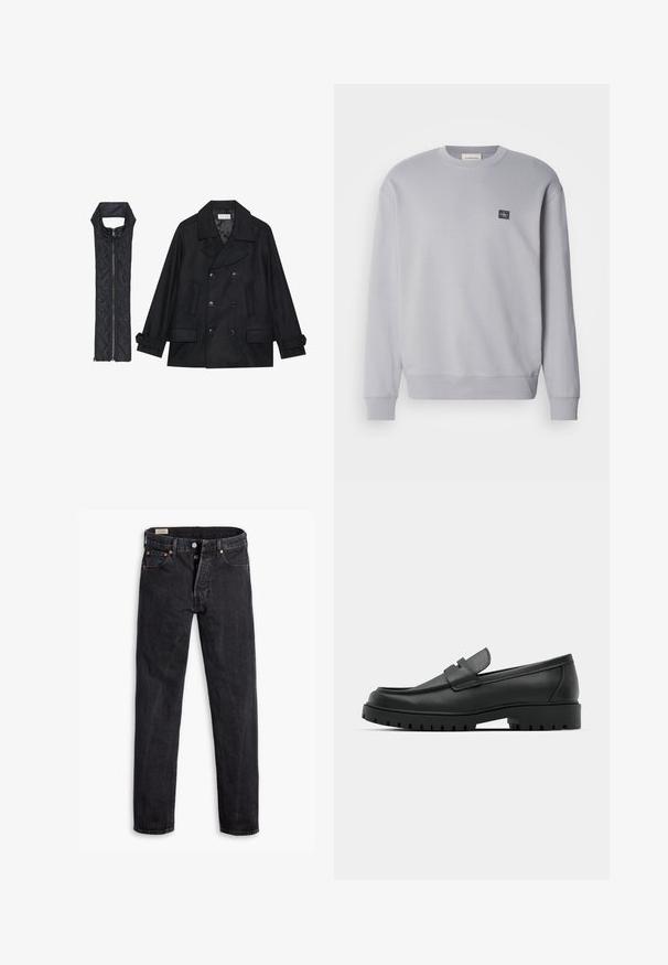 Casaco de lã preto com botões duplos e gola grande, combinado com um colete acolchoado preto sem mangas com fecho de correr.; Sweatshirt cinza claro feito de uma mistura de algodão. Possui mangas longas, gola redonda e um pequeno patch com o logotipo no peito. Textura suave.; Jeans de ganga pretos com um corte reto. Apresenta cinco bolsos, dois fechos frontais com botão e costura discreta em contraste. Textura mate.; Sapatilhas de couro preto com bico arredondado, apresentando um design cosido, sola de plataforma baixa e um solado de borracha texturizado e com cravos.