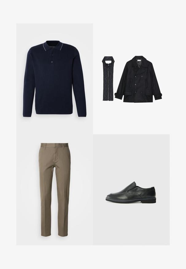 Black woolen peacoat with double-breasted buttons and large collar, paired with a sleeveless black quilted vest featuring a zip closure.; Navy blue long-sleeve polo shirt with a textured fabric, contrasting light collar, three-button placket, and a relaxed fit.; Tan trousers made of a smooth fabric, featuring a straight-cut design, front zipper, and minimalistic pockets. No visible patterns or accents.; Black leather slip-on shoe with a smooth upper, stitched accents, rounded toe, and a low rubber heel. Sole features minimal tread.