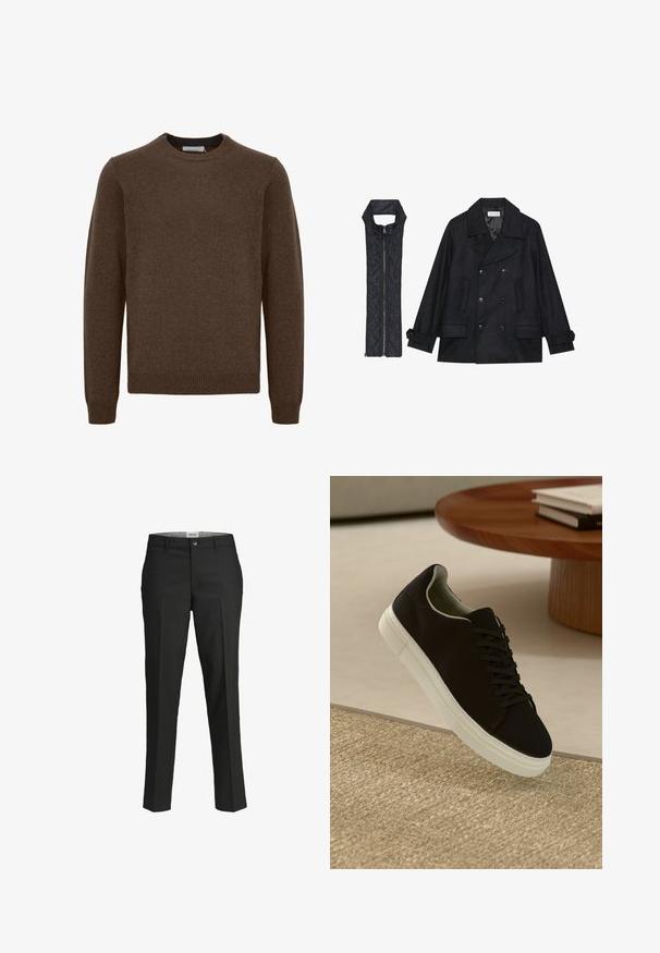 Črn volnen plašč z dvojnimi gumbi in velikim ovratnikom, v kombinaciji z brezrokavnikom iz črnega prešitega materiala z zadrgo.; Rjav pleten pulover s okroglo ovratnikom, dolgimi rokavi ter rebrastimi manšetami in robom. Narejen iz mehkega, teksturiranega materiala. Brez vzorcev ali okrasnih elementov.; Črne hlače, krojene prilega, gladka tkanina, srednje visok pas, sprednja zaponka, diagonalne žepke in pregibna podrobnost vzdolž nog.; Črni športni copat z belim podplatom lebdi nad bež teksturiranim preprogam blizu okroglega lesenega mize z zloženimi knjigami.