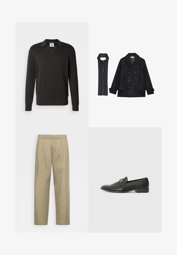 Fekete gyapjú peacoat dupla gombolással és nagy gallérral, melyet egy ujjatlan fekete steppelt mellénnyel párosítanak, amely cipzárral záródik.; Fekete, hosszú ujjú pulóver V-nyakkal és galléros dizájnnal. Finom kötött anyagból készült, bordázott mandzsettákkal és alsó szegéllyel.; Beige, magas derékú, egyenes szabású nadrág, lapos elejével, oldalsó zsebeivel és sima, textúrált anyagával.; Fekete bőr loaferek sima felülettel, varrott mintával és díszítő fém lánccal a cipő elején. Lapos sarok.