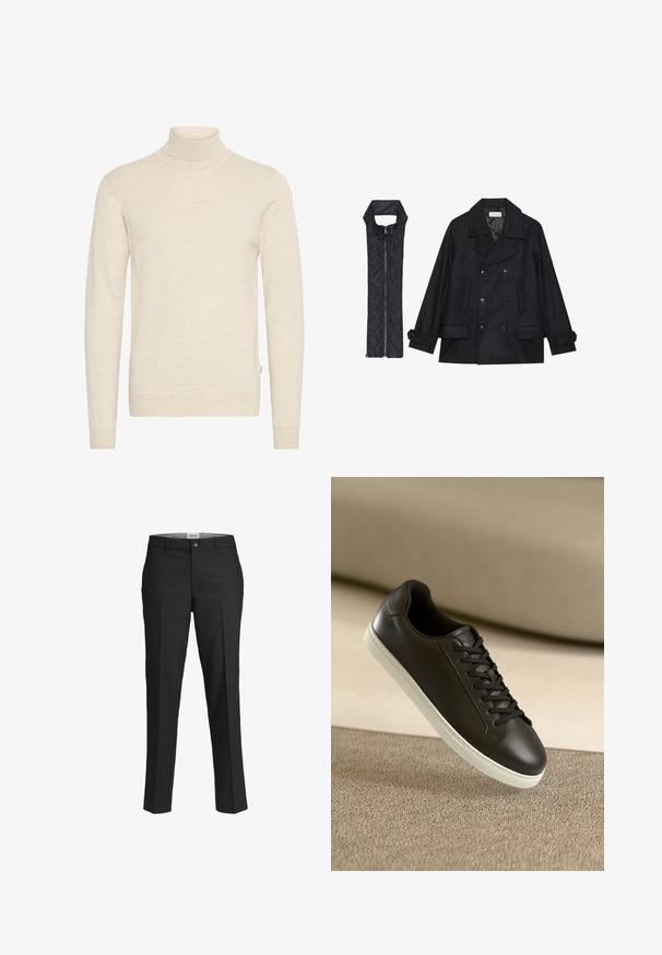 Black woolen peacoat with double-breasted buttons and large collar, paired with a sleeveless black quilted vest featuring a zip closure.; Beige turtleneck sweater made of soft knit fabric. Features long sleeves and a fitted design, with ribbed neckline and cuffs.; Black trousers, tailored fit, smooth fabric, mid-rise waist, front button closure, diagonal pockets, and crease detailing down the legs.; Black leather sneaker with white rubber sole and black laces, positioned against a beige fabric surface and background.