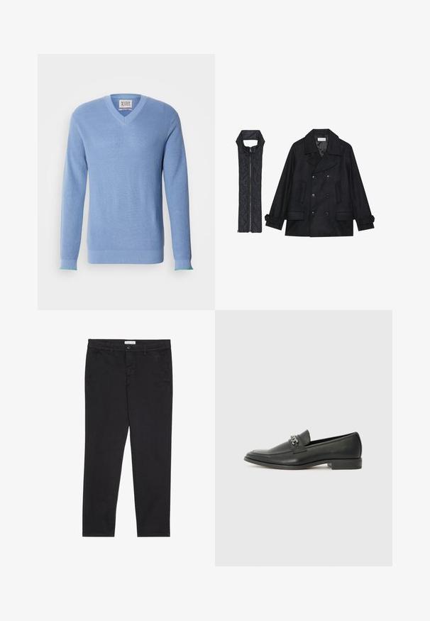 Manteau en laine noir à double boutonnage et grand col, associé à un gilet matelassé sans manches noir avec fermeture éclair.; Pull à col en V de couleur bleu clair avec une texture côtelée, des manches longues et des accents verts contrastants au niveau des poignets. Il comporte une étiquette au niveau du cou.; Pantalon en coton noir à coupe slim, avec deux poches latérales et une fermeture à bouton à l'avant. Tissu texturé avec des détails subtils.; Mocassin en cuir noir avec une finition lisse, présentant un design cousu et une accent décoratif en chaîne métallique sur le rand. Talon plat.