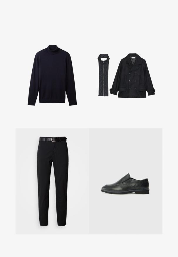 Black woolen peacoat with double-breasted buttons and large collar, paired with a sleeveless black quilted vest featuring a zip closure.; Navy blue turtleneck sweater made of soft fabric, featuring long sleeves and a fitted design with a high collar. Smooth texture overall.; Black trousers with a straight cut, featuring a smooth texture and a black leather belt with a silver buckle. Simple design, no patterns or accents.; Black leather slip-on shoe with a smooth upper, stitched accents, rounded toe, and a low rubber heel. Sole features minimal tread.