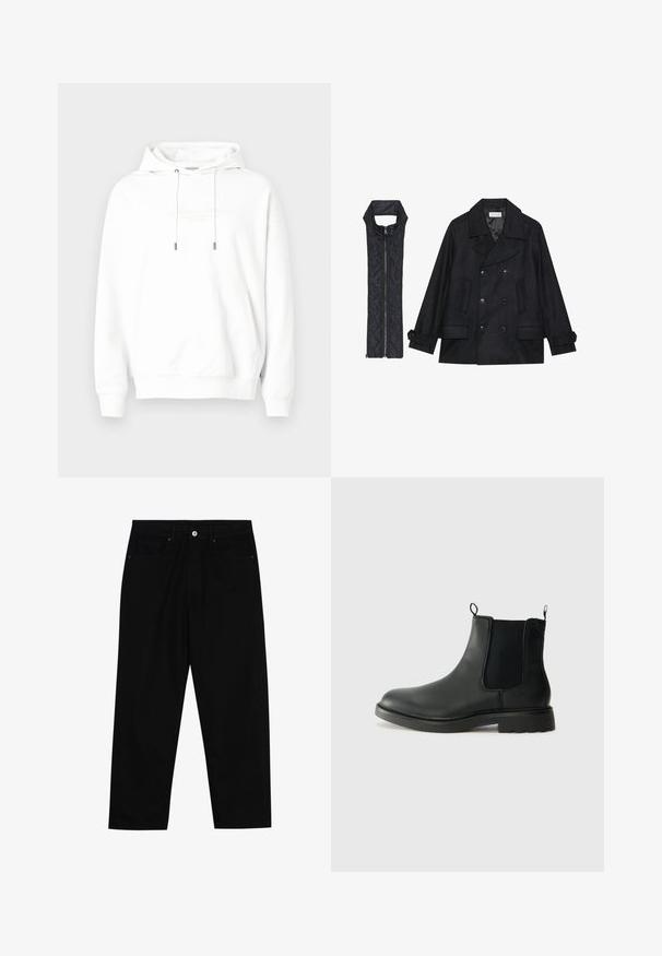 Čierny vlnený peacoat s dvojradovým zapínaním a veľkým golierom, skombinovaný s čiernou prešívanou vestou bez rukávov s rázporkom na zips.; Biela mikina s kapucňou z mäkkej tkaniny, s predným klokanským vreckom, kapucňou so sťahovacou šnúrkou a vyrazeným logom na hrudi. Jednoduchý dizajn.; Čierne denimmové nohavice s rovný strihom, dizajnom s piatimi vreckami a upínaním na prednej strane. Hladká textúra s minimálnymi detailmi šitia.; Čierne kožené chelsea čižmy s elastickými bočnými panelmi, uškami na ťahanie, zaoblenou špičkou a textúrovanou gumovou podrážkou. Hladký povrch a pevná konštrukcia.