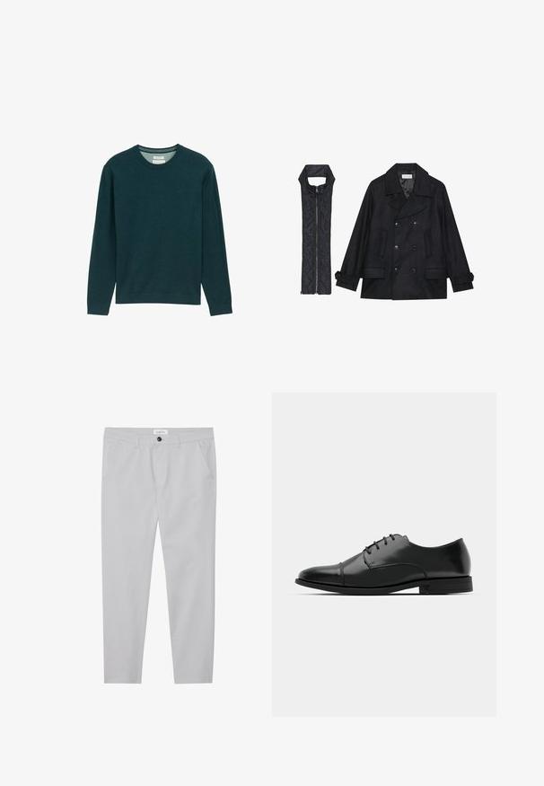 Palton de lână negru, cu închidere dublă și guler mare, asortat cu o vestă neagră, căptușită, fără mâneci, cu închidere cu fermoar.; Sweatshirt lung cu mânecă lungă, de culoare verde închis, cu gât în stil rib și textură moale, dotat cu un detaliu subtil al logo-ului pe față. Model clasic.; Pantaloni gri deschis dintr-un material moale, având o croială slim, două buzunare frontale, închidere cu buton și un detaliu texturat subtil.; Pantofii negri din piele, cu vârful rotunjit, design cu șireturi, detalii de cusătură subtile și toc joasă. Textura netedă cu un finisaj lustruit.