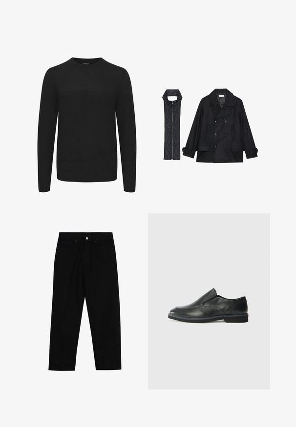 Zwarte wollen peacoat met dubbele knopen en grote kraag, gecombineerd met een mouwloze zwarte gewatteerde vest met ritssluiting.; Zwarte gebreide trui met ronde hals, met een textuur bovenpaneel en geribde manchetten en zoom. Gemaakt van een zachte, warme stof.; Zwarte denim broek met een recht gesneden pasvorm, vijf gebruikersvriendelijke zakken en een sluiting met een knoop aan de voorkant. Soepele textuur met minimale stikdetails.; Zwarte leren instapper met een soepele bovenkant, gestikte accenten, ronde neus en een lage rubberen hak. De zool heeft minimale profiel.