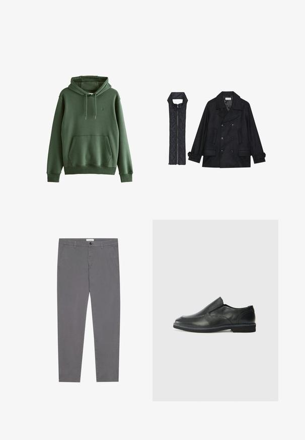 Zwarte wollen peacoat met dubbele knopen en grote kraag, gecombineerd met een mouwloze zwarte gewatteerde vest met ritssluiting.; Groene katoenen hoodie met een voorkuil, verstelbare trekkoordkap, ribgebreide manchetten en een klein logo. Gladde textuur, casual ontwerp.; Grijze katoenen broeken met een slim fit, voorzien van twee zijzakken, een enkele achterzak en een knoopsluiting aan de taille.; Zwarte leren instapper met een soepele bovenkant, gestikte accenten, ronde neus en een lage rubberen hak. De zool heeft minimale profiel.