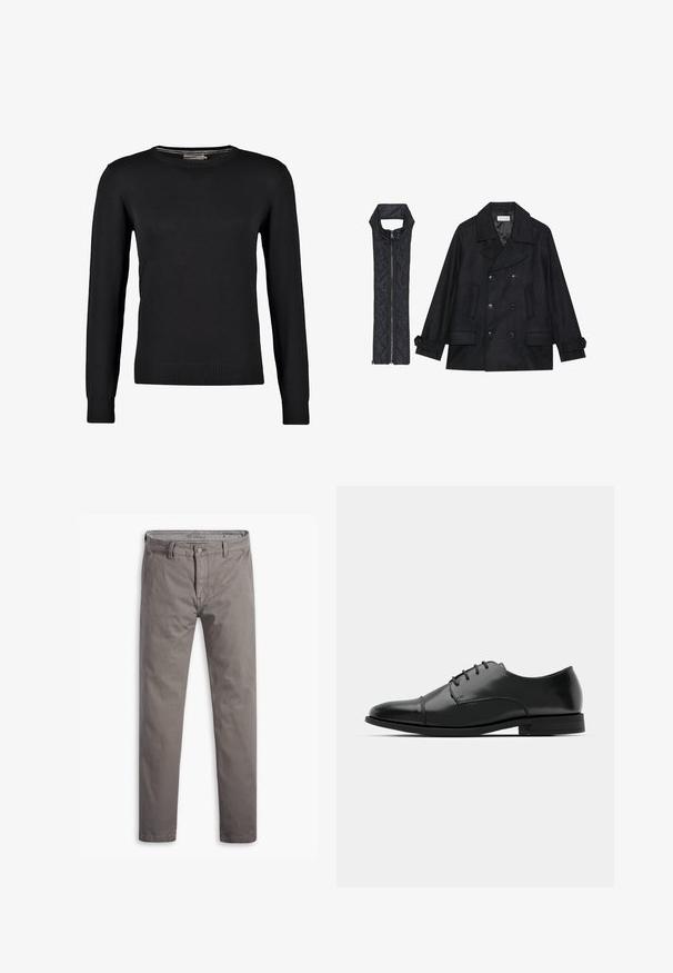 Cappotto di panno nero con bottoni doppi e colletto ampio, abbinato a un gilet senza maniche in tessuto trapuntato nero con chiusura a zip.; Maglione nero lavorato a maglia con maniche lunghe, scollatura rotonda e polsini e orlo a coste. Texture liscia e design aderente.; Chino grigi con una texture liscia, design a gamba dritta, stile a cinque tasche standard e bottone metallico in vita.; Scarpa da uomo in pelle nera con punta rotonda, design con lacci, dettagli di cucitura discreti e tacco basso. Texture liscia con finitura lucida.